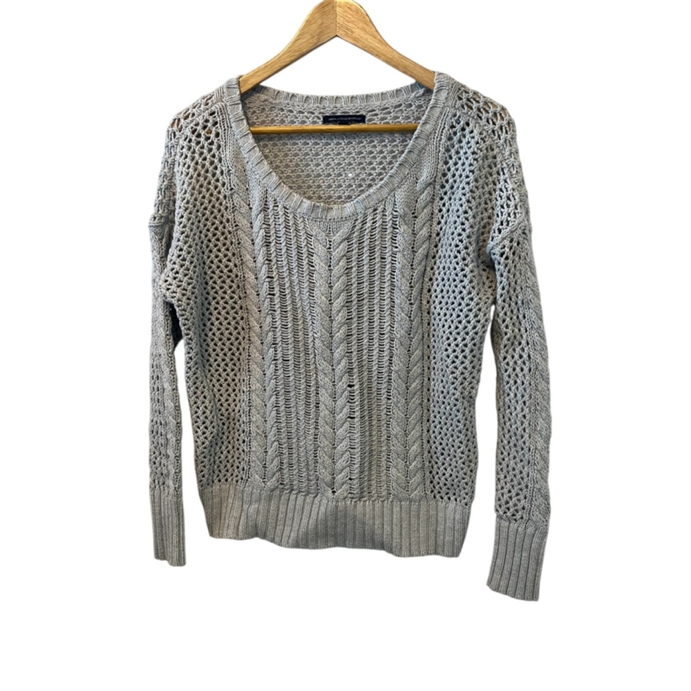 AMERICAN EAGLE Grey Crochet Knit Long Sleeve Casual Pullover Sweater M